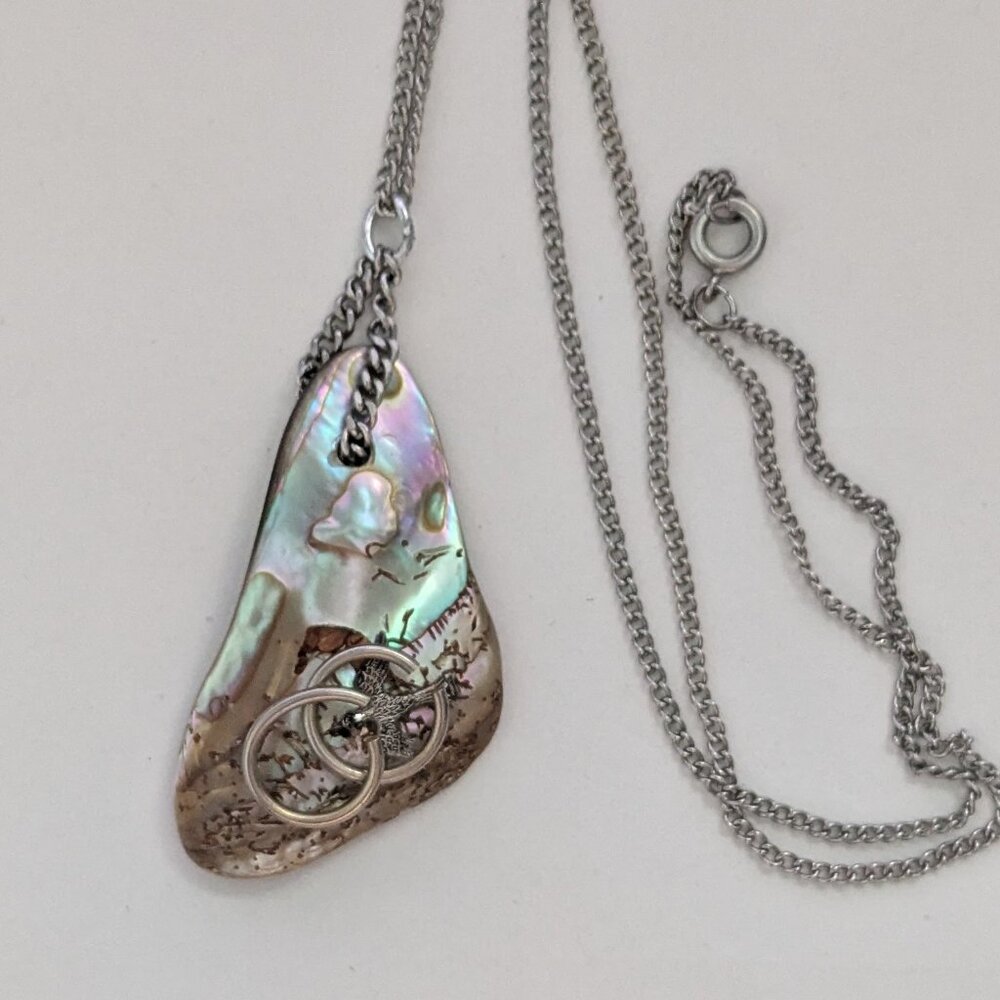 Vintage Artisan Abalone Shell Triangular Pendant … - image 2
